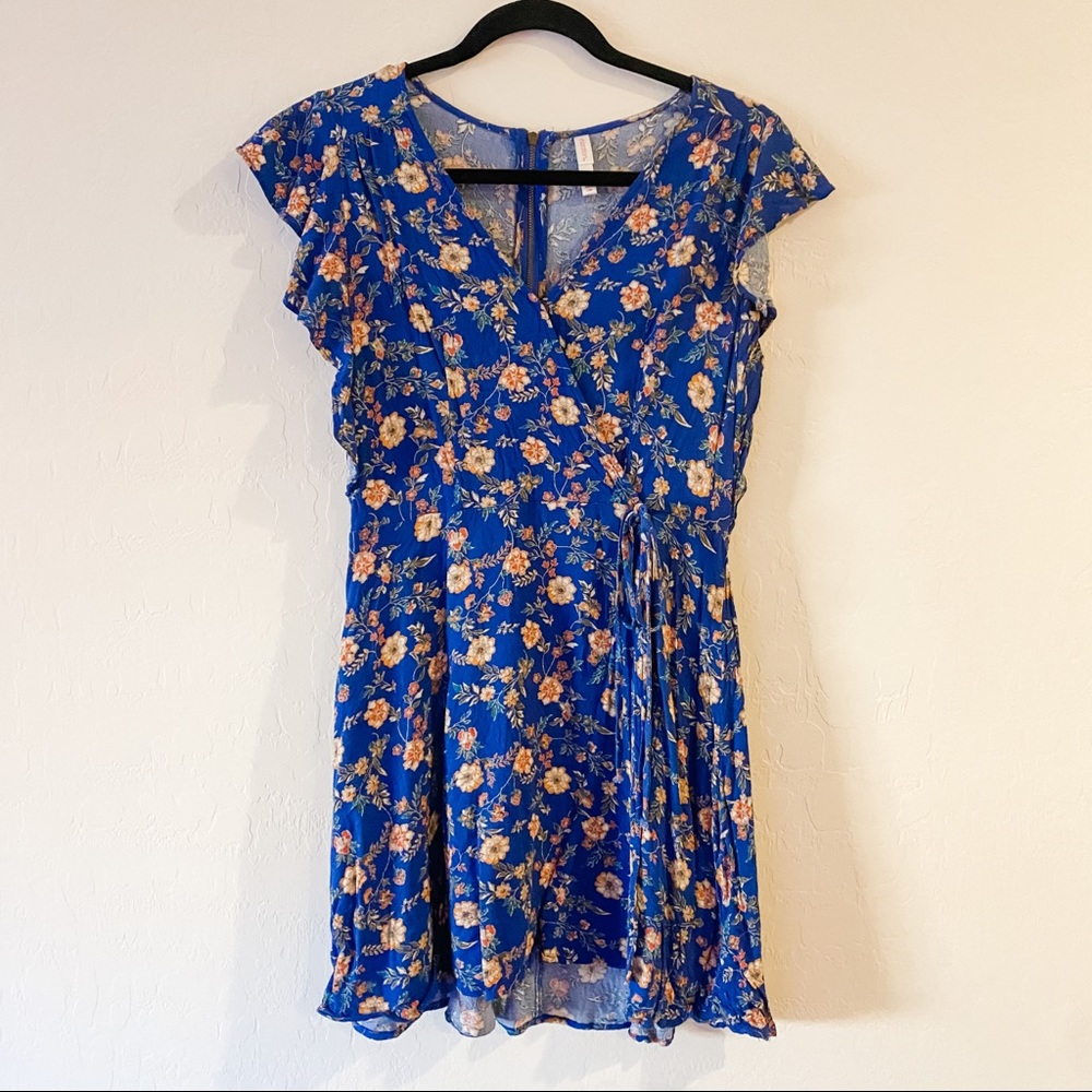Xhilaration Floral Faux Wrap Style Dress Blue/Pink